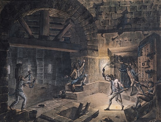 View of a cell in the Bastille at the moment of releasing prisoners on 14th July, 1789 (pen, ink & g von Jean-Pierre Houel
