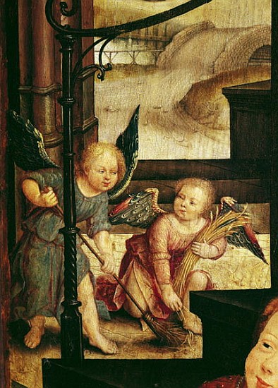 Triptych of the Adoration of the Child, detail of two angels sweeping from the right hand panel von Jean the Elder Bellegambe