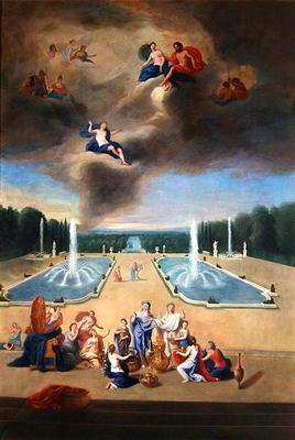Groves of Versailles. View of the water parterre and the cabinets of animals, with priestesses prepa 1610