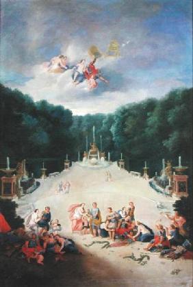 The Groves of Versailles. View of the Arc de Triomphe and France Triumphant with Nymphs Chaining Cap 1688