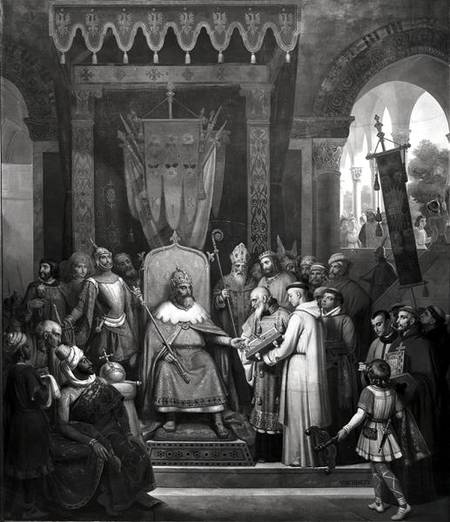 Emperor Charlemagne (747-814) Surrounded by his Principal Officers, Receiving Alcuin c.735-804) who von Jean Victor Schnetz