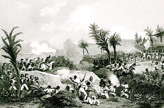 Black revolt in Santo Domingo, 16th September 1802, from ''Histoire Universelle du XIXe siecle'', af von Jean Francois Pourvoyeur