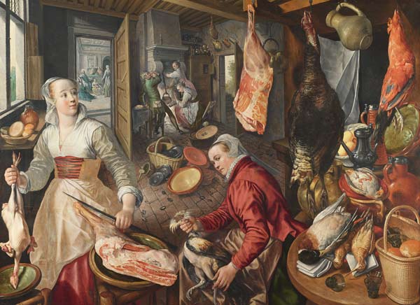 Die vier Elemente: Feuer. Eine Küchenszene mit Jesus bei Martha und Maria im Hintergrund von Joachim Beuckelaer