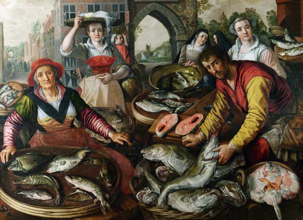 Die vier Elemente: Wasser. Fischmarkt mit dem wunderbaren Fischzug im Hintergrund von Joachim Beuckelaer
