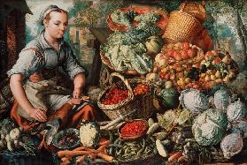 Obst- und Gemüsestilleben mit Marktfrau.