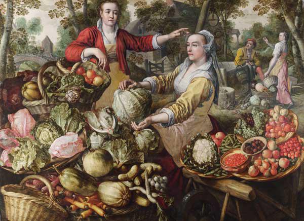 Die vier Elemente: Erde. Der Gemüsemarkt mit der Flucht nach Ägypten im Hintergrund 1569