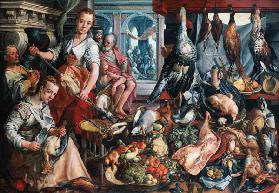 Die gut ausgestattete Küche, mit Jesus bei Martha und Maria im Hintergrund 1566