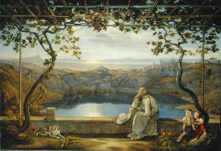 Monk sitting on a Terrace overlooking Lake Nemisee von Joachim Faber