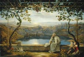 Monk sitting on a Terrace overlooking Lake Nemisee 1818
