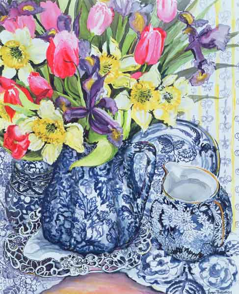 Daffodils, Tulips and Irises with Blue Antique Pots (w/c)  von Joan  Thewsey