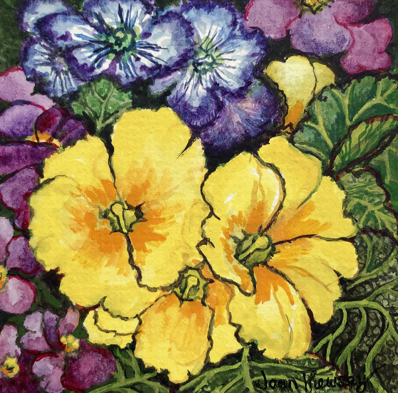 Three Yellow Primroses surrounded by mauve and purple primroses and leaves von Joan  Thewsey