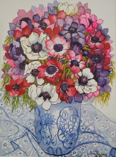 Anemones in a Blue and White Pot, with Blue and White Textile 2000