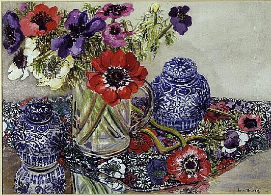 Anemones with Blue and White Pots (w/c)  von Joan  Thewsey