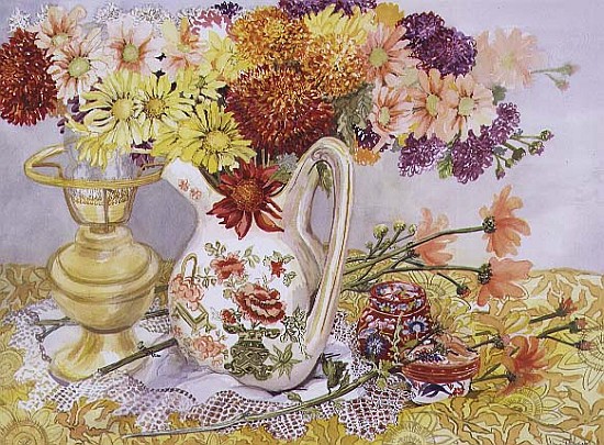 Chrysanthemums in a Chinese Jug (w/c)  von Joan  Thewsey