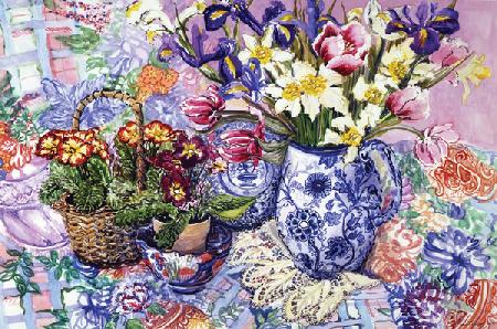 Daffodils, Tulips and Iris in a Jacobean Blue and White Jug with Sanderson Fabric and Primroses 2012