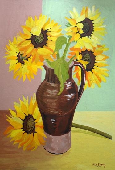 Five Sunflowers in a Tall Brown Jug 2007