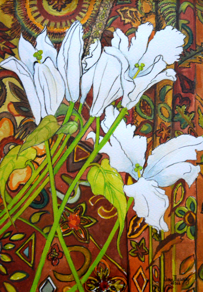 Lilies against a Patterned Fabric von Joan  Thewsey