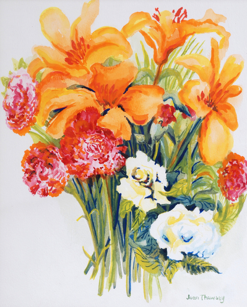 Orange Lilies,Gardenias and Carnations von Joan  Thewsey