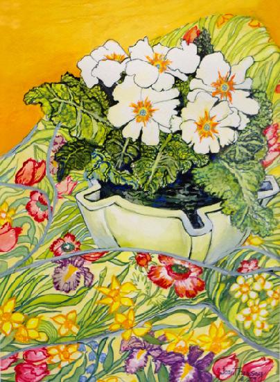 Pale Primrose in a Pot with Spring-flowered Textile 2000