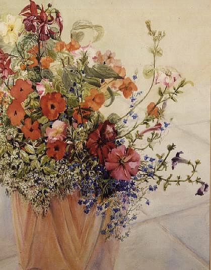 Petunias, Lobelias, Busy Lizzies and Fuschia in a Terracotta Pot (w/c)  von Joan  Thewsey