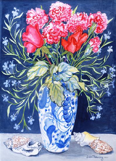 Roses, Carnations and Lobelia in a Blue and White Vase,3 Shells Textiles 2011