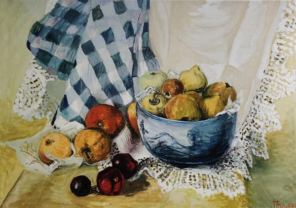 Still life with a Blue Bowl, Apples, Pears, Textiles and Lace von Joan  Thewsey