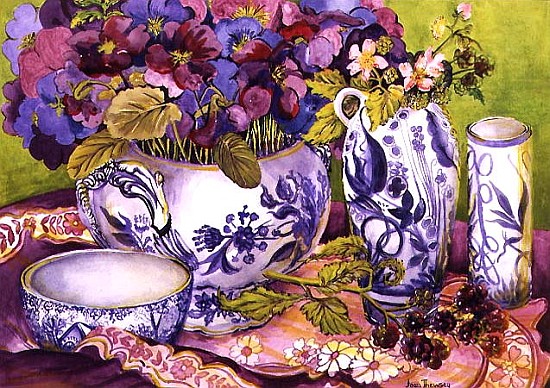 Still Life with Pansies, Violas and Blackberries (w/c on paper)  von Joan  Thewsey