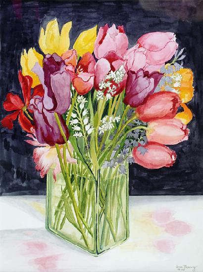 Tulips and Bluebells in a Rectangular Glass Tub 2001