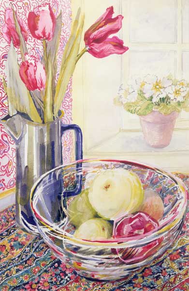 Tulips with Fruit in a Glass Bowl (w/c)  von Joan  Thewsey