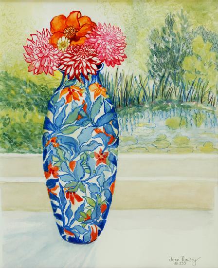 Vase with Dahlias and View of the Pond 2001