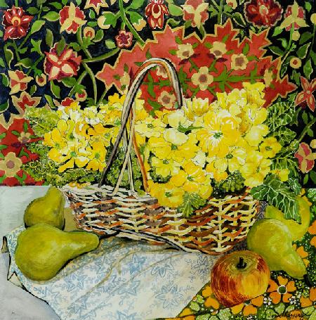 Yellow Primroses in a Basket,with Fruit and Textiles 2010