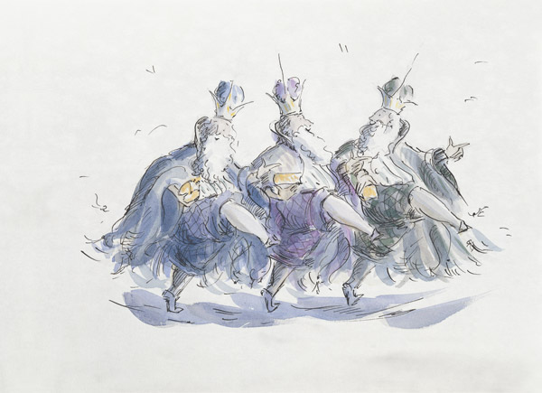 Three Kings Dancing a Jig (pen & ink and w/c on paper)  von Joanna  Logan