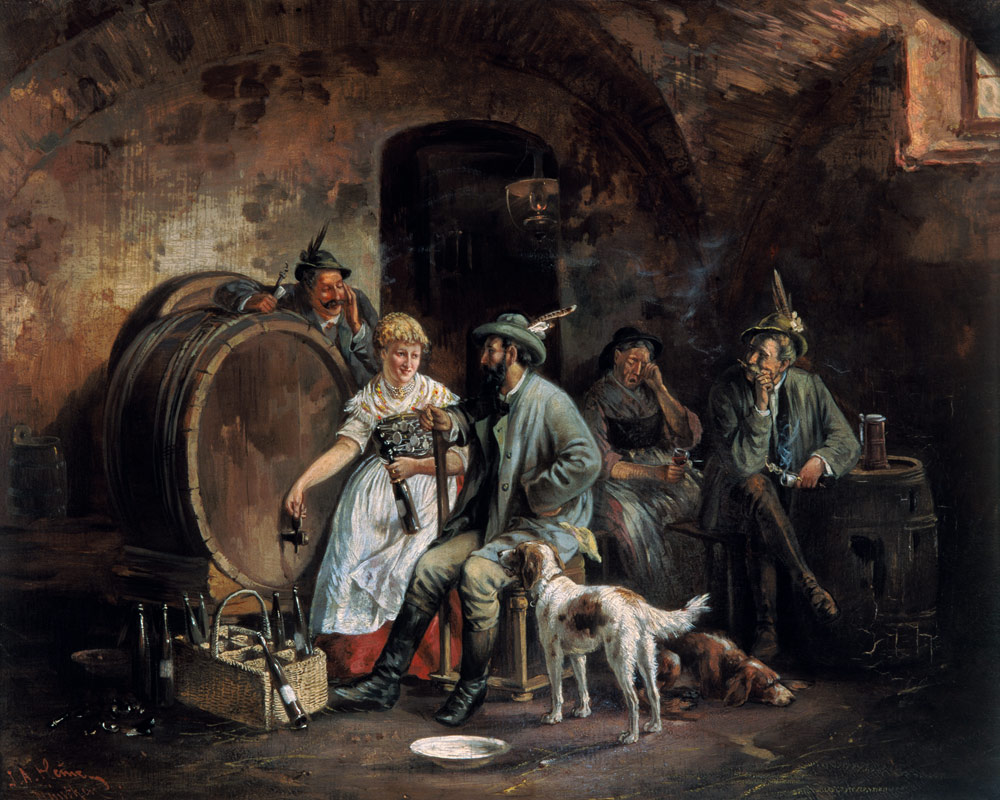 Zecherei im Weinkeller beim Abfüllen der Weinflaschen von Johann Adalbert Heine