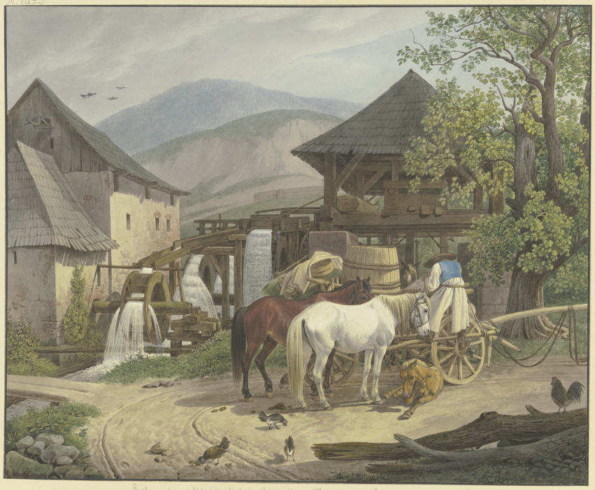 Schneid- und Mahlmühle im Stickelberger Tal unweit der Wienerischen Neustadt an der ungarischen Gren von Johann Adam Klein