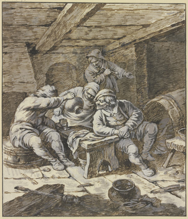 Drei zechende Bauern und eine Bäerin an einer Bank von Johann Albrecht Dietzsch