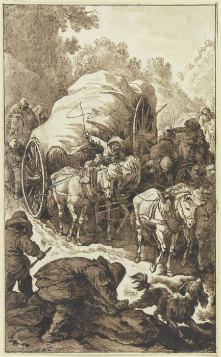 Ein hochbepackter, von vier Pferden gezogener Wagen kommt einen Gebirgsweg herab von Johann Albrecht Dietzsch
