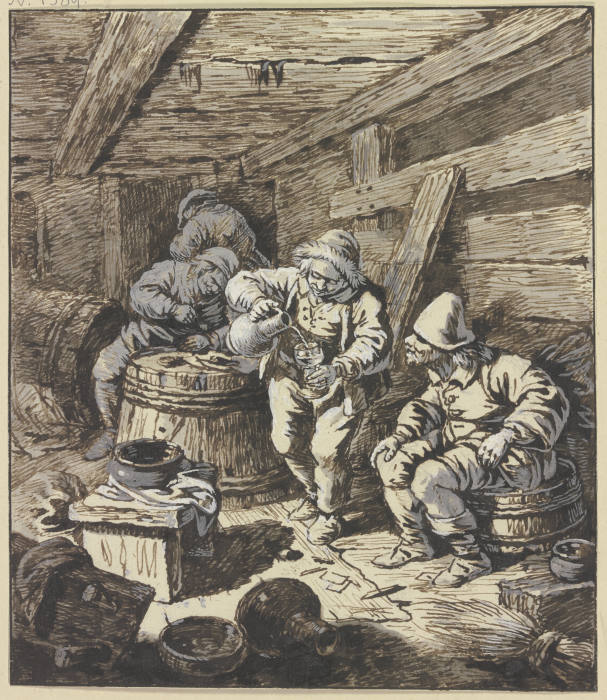 In einem niedrigen, holzverkleideten Raum mit Fässern sitzt rechts ein Bauer, nach seinem Kumpan sch von Johann Albrecht Dietzsch