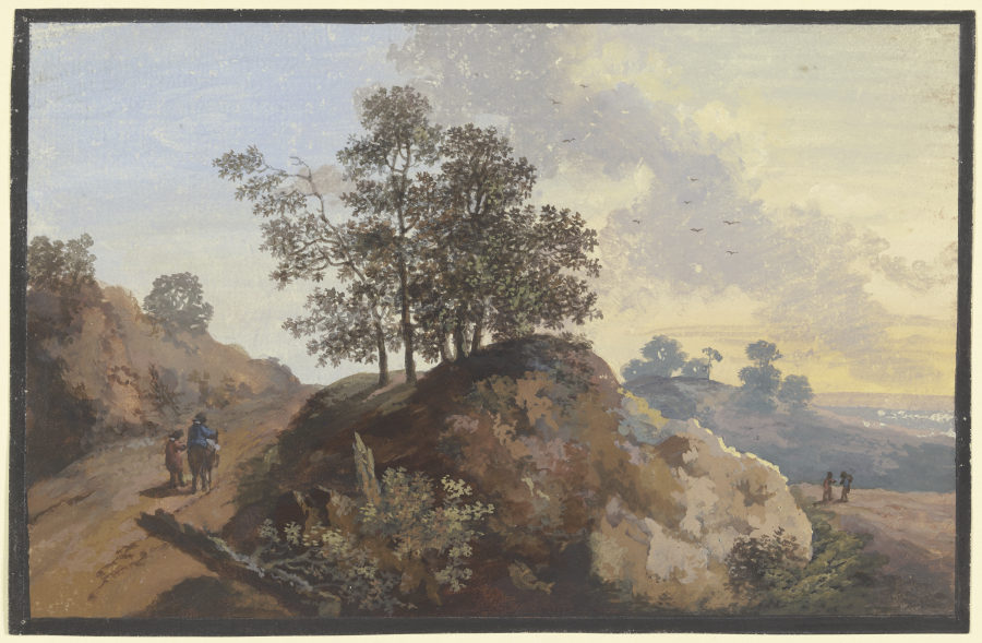 Baumpartie mit Felsen zwischen zwei Wegen, links zwei Männer, einer beritten, rechts zwei Figuren un von Johann Alexander Thiele