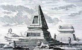 Pyramids marking the Tomb of King Sotis of Egypt, found in the ruins of Heliopolis. from 'Entwurf ei 1721