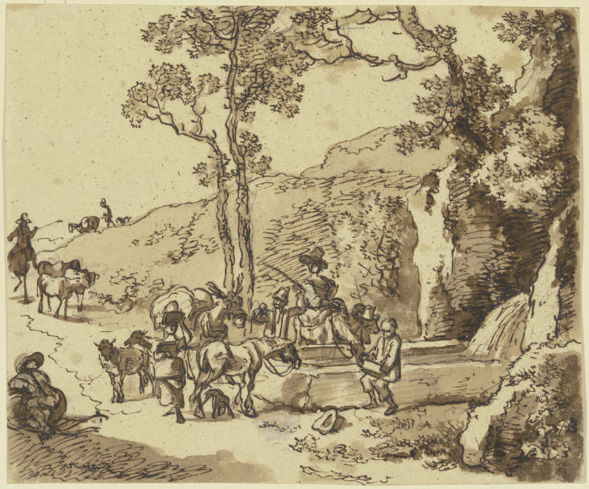 Hirtenszene an einem Brunnen, Schafe und Maulesel nähern sich der Tränke, an der eine Reiterin ihr P von Johann Christian Klengel