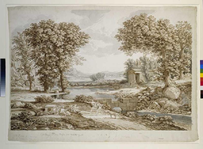Große stilisierte Landschaft mit einem Fluß und Tempel. Vorne zwei Jünglinge mit Jagdspießen und Win von Johann Christian Reinhart