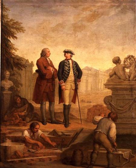 King Frederick II of Prussia (1712-86) and the Marquis of Argens (1704-1771) inspecting the construc von Johann Christoph Frisch
