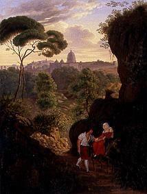 Wanderndes Paar auf dem Monte Mario mit Blick auf Rom und St. Peter