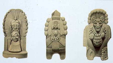 Three terracotta figures from Palenque and Ococingo, plate 47 from 'Ancient Monuments of Mexico', en von Johann Friedrich Maximilian von Waldeck