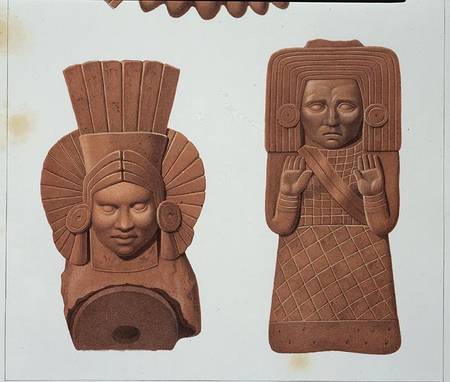 Two terracotta figures of women from Palenque, plate from 'Ancient Monuments of Mexico', engraved by von Johann Friedrich Maximilian von Waldeck