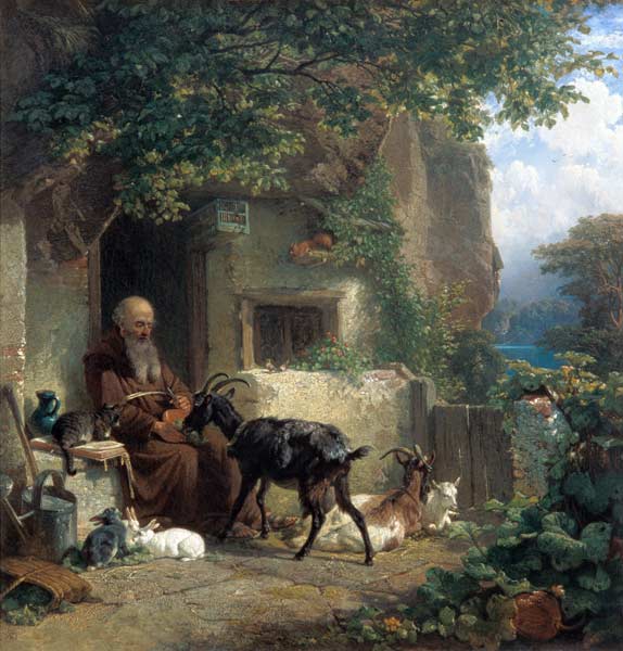 Ein Eremit vor seiner Klause, eine Ziege fütternd. von Johann Friedrich Voltz