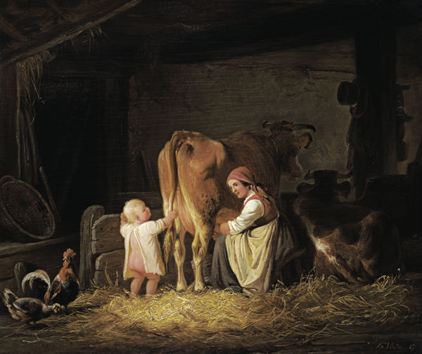 Jungbäuerin mit Kind beim Melken von Johann Friedrich Voltz