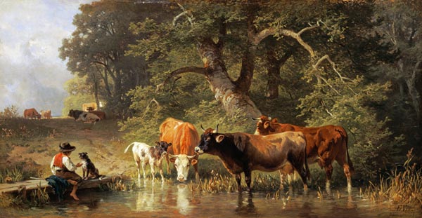 Hüterbub mit Kühen an der Tränke von Johann Friedrich Voltz