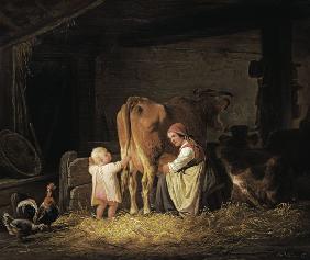 Jungbäuerin mit Kind beim Melken 1847