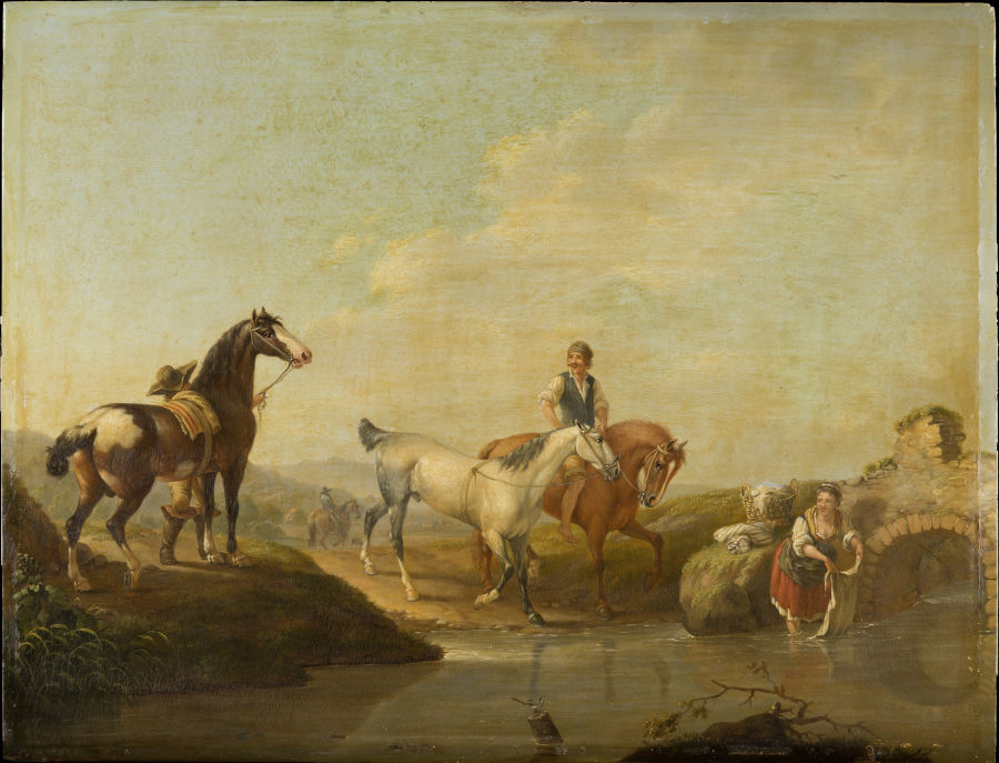 Ein Knecht reitet zwei Pferde zur Tränke von Johann Georg Pforr